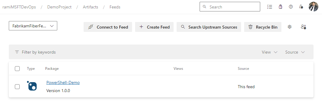 A screenshot displaying the PowerShell demo package published to the feed.