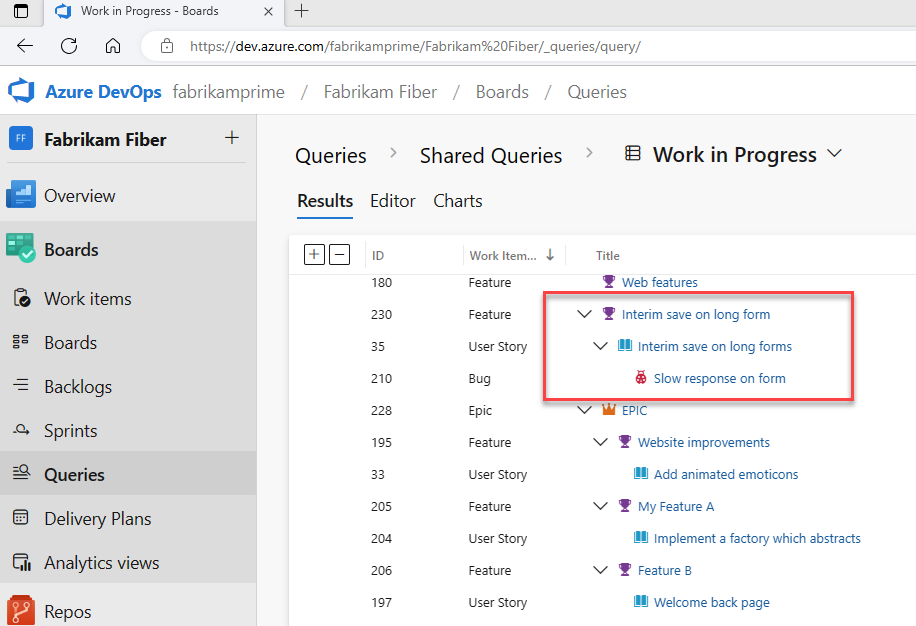 Screenshot of Sprint backlog query with linked bug and task.