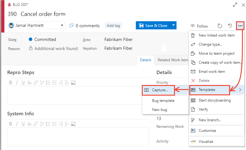 Screenshot of Capture work item field definitions as a template, latest version.