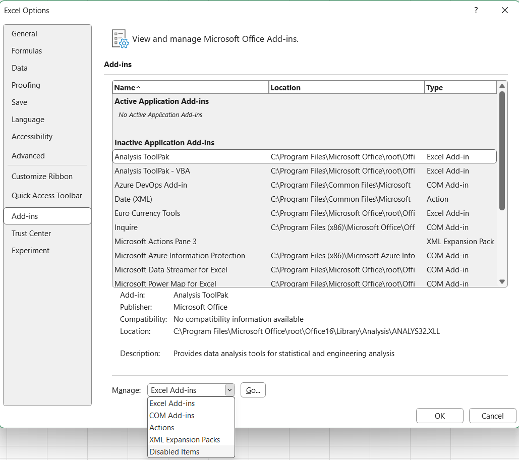 Screenshot of Excel Options, Add-ins, Choose Disabled Items.