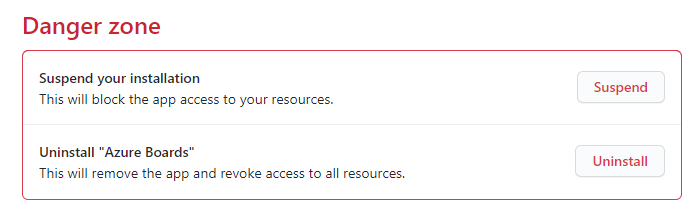 Screenshot of Azure Boards configuration, Danger zone section.