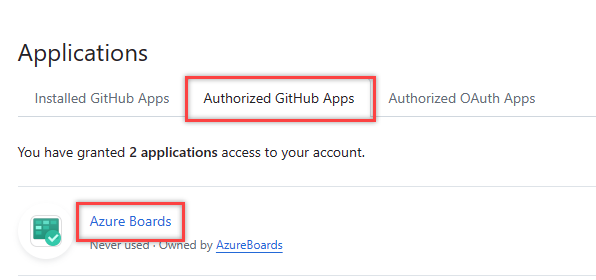 Screenshot of Authorized OAuth Apps tab, choose Azure Boards.