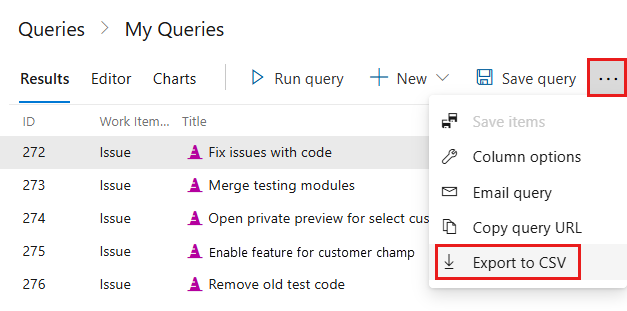 Screenshot showing work items in a query with the option to Export to CSV selected.