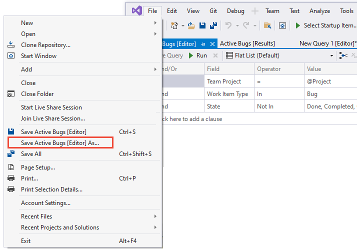 Screenshot of Visual Studio > File menu save query as selection.