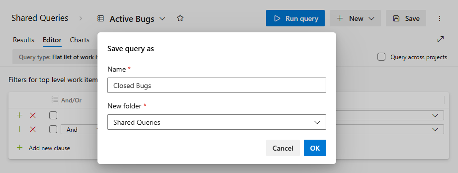 Screenshot of Save As query dialog, new boards hubs experience.