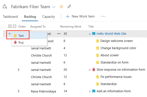 Sprint backlog page, add task