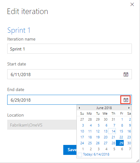 Edit iteration dialog, Set dates