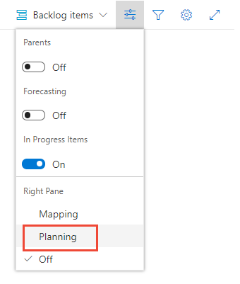 Screenshot of the Backlogs Open view options with Planning selected.