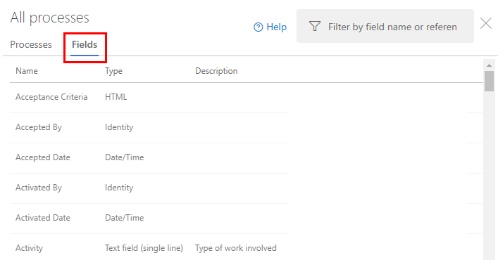 Screenshot of Organization Settings, Process, Fields page.