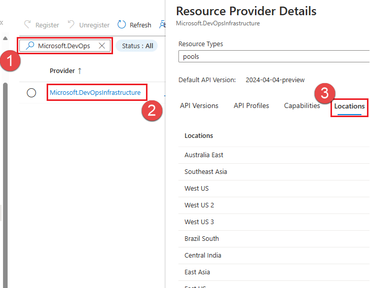 Screenshot of Azure regions that support Managed DevOps Pools.