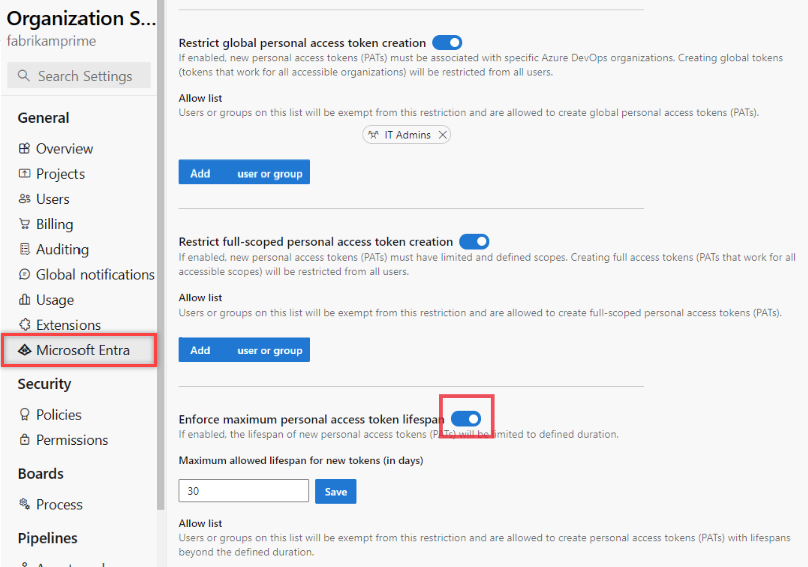 Screenshot of toggle moved to on position for Enforce maximum PAT lifespan policy.