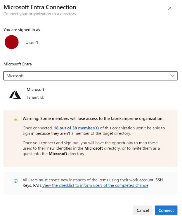 Screenshot showing Microsoft Entra connection warning.