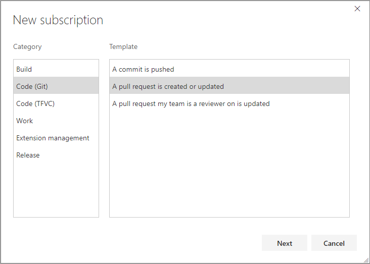 Select event category and template.