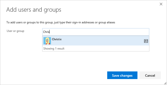 Screenshot of Add users and group dialog, current page.