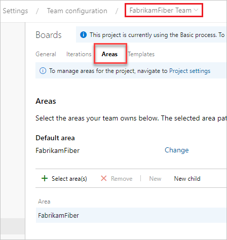 Screenshot shows Area page for team.