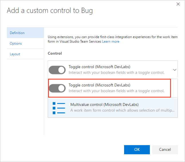 Add a  custom control dialog, Definition tab