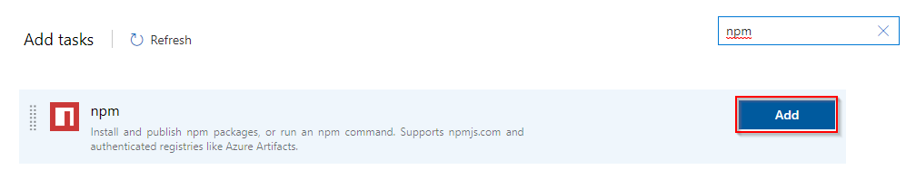 A screenshot that shows how to find and add the npm task.