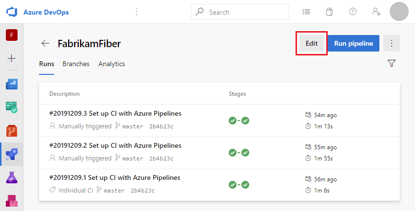 Screenshot that shows selecting Edit for a pipeline.