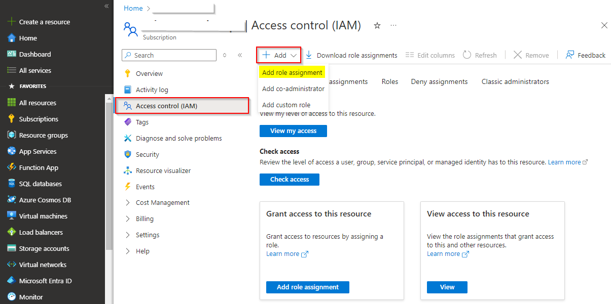 A screenshot showing how to add a new role assignment at the subscription level.