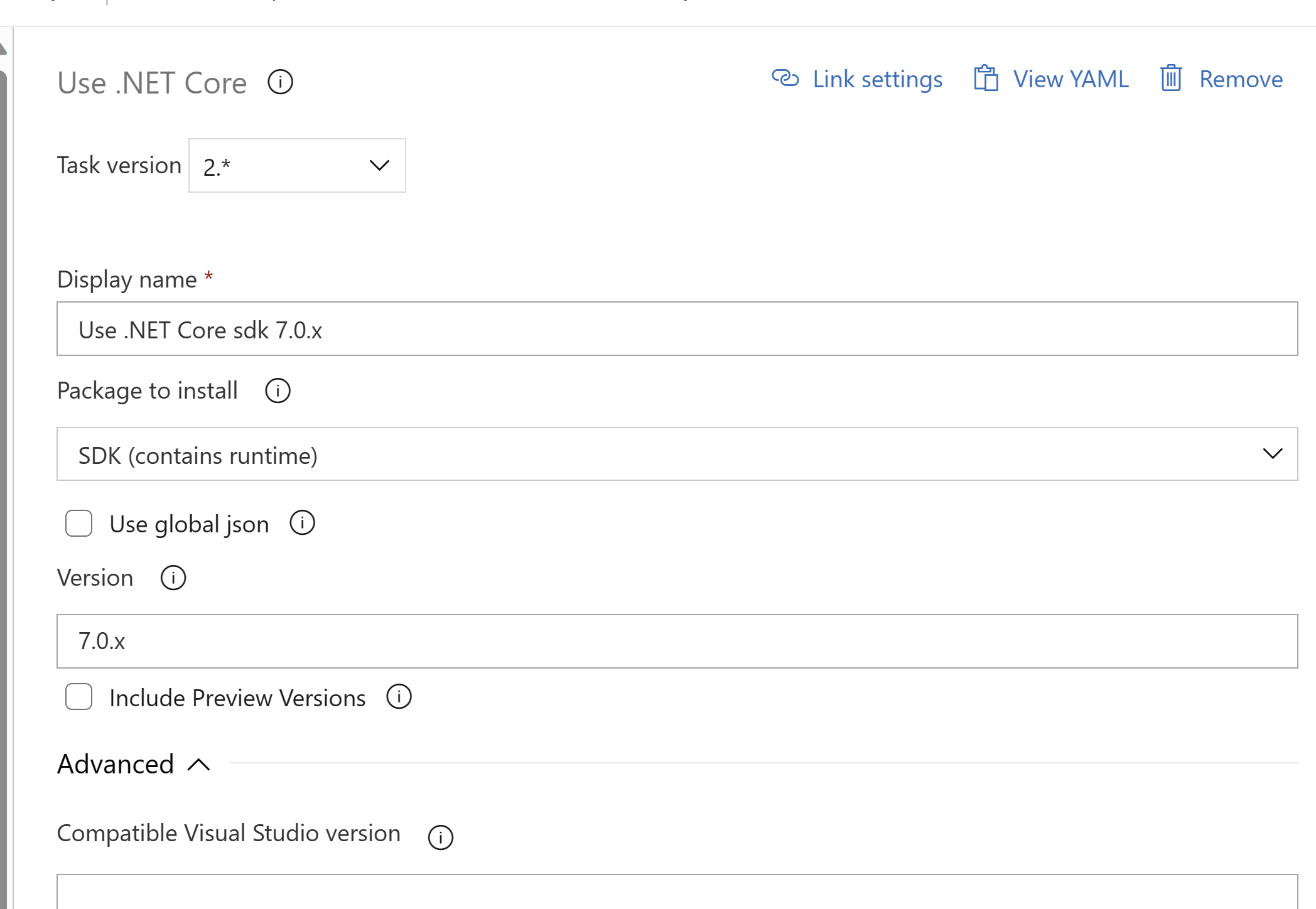 Screenshot that shows the .Net Core Sdk task in the pipeline.