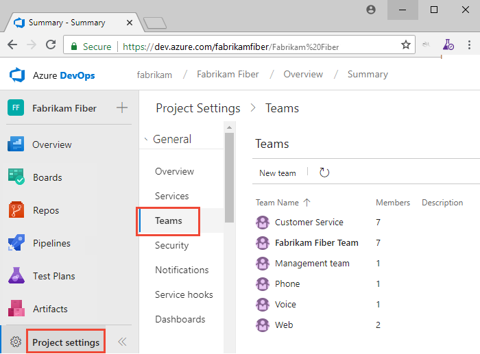 Web portal, Project Settings, Teams