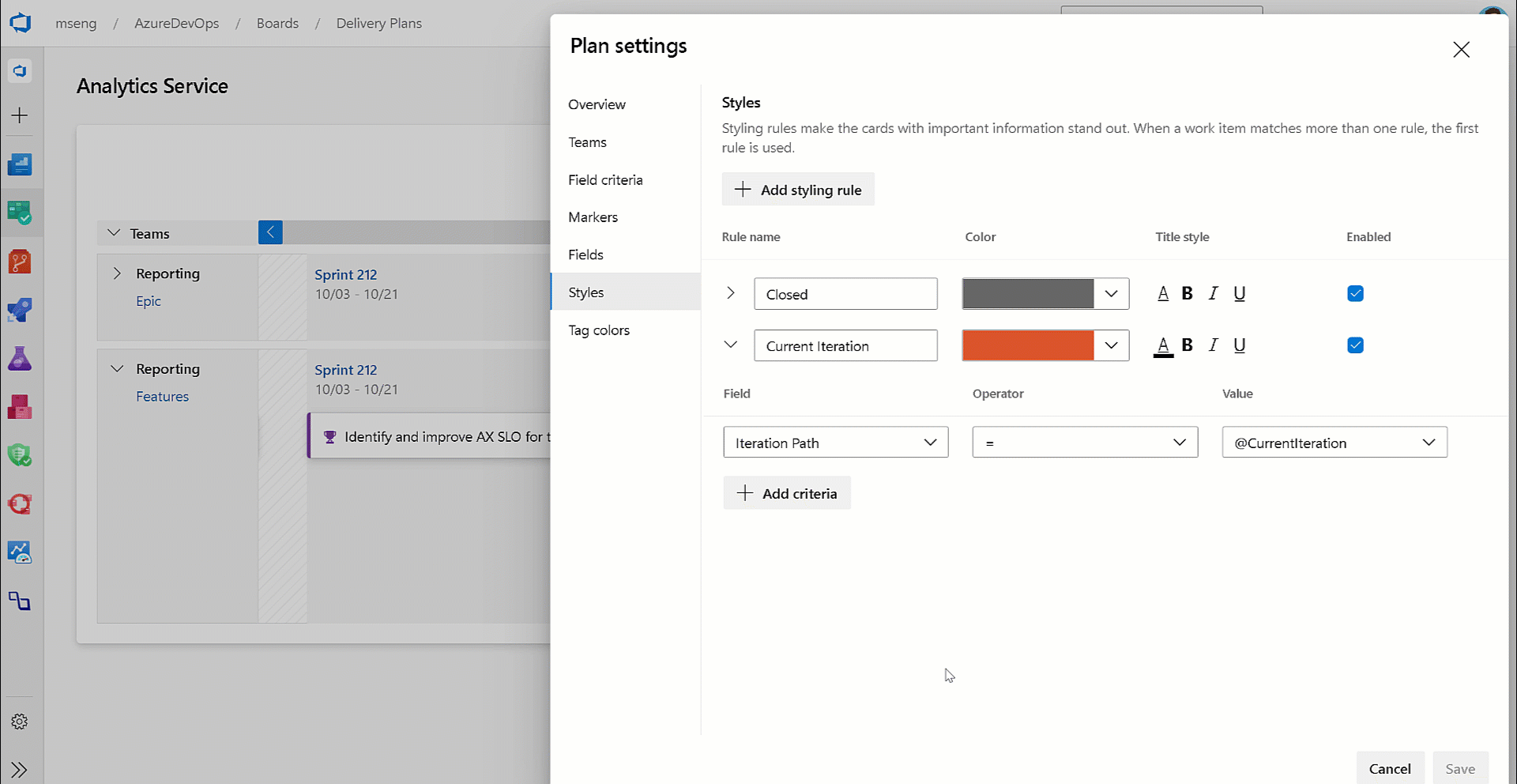 Gif to demo CurrentIteration macro in Delivery Plans.