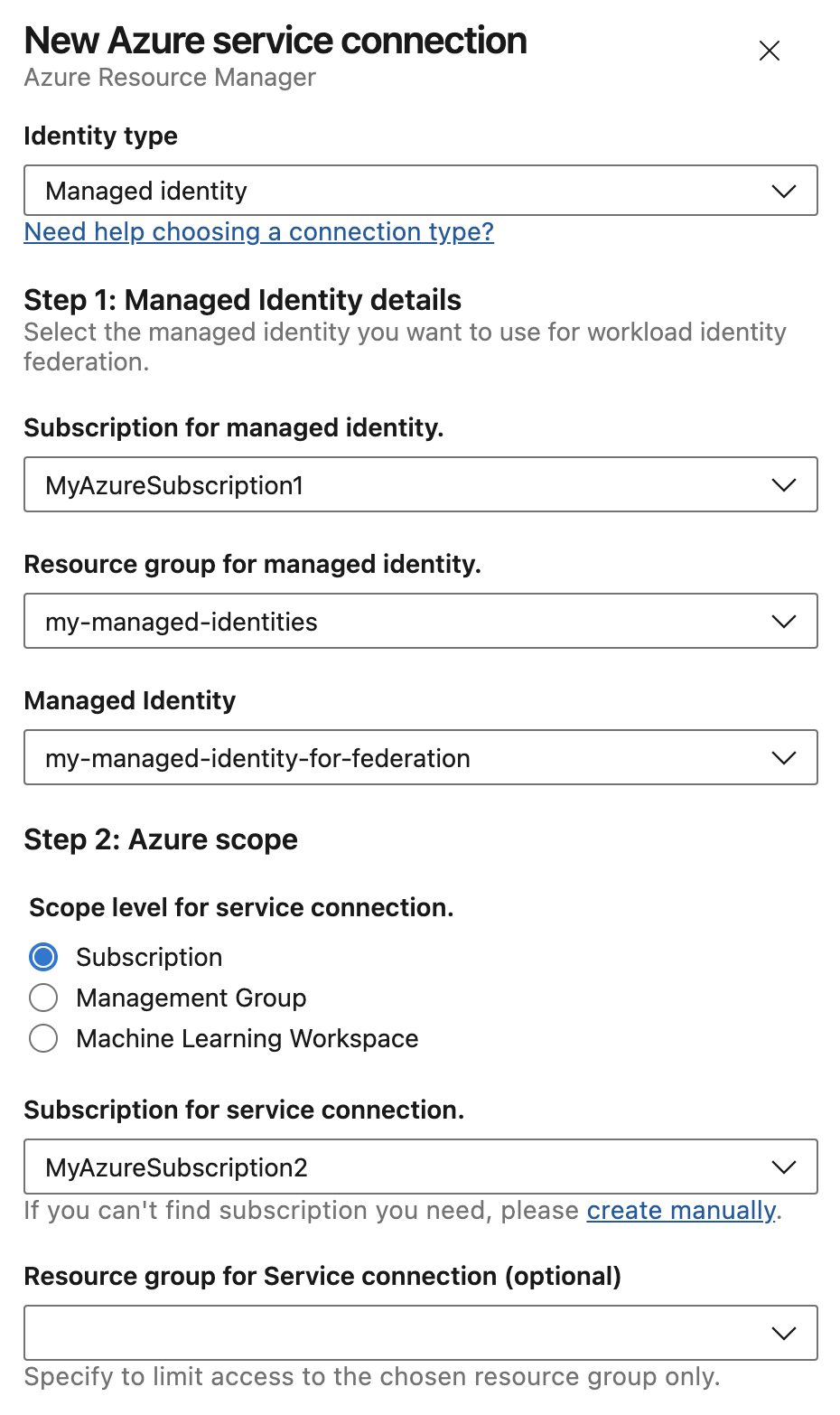 Screenshot of Managed Identity selection.