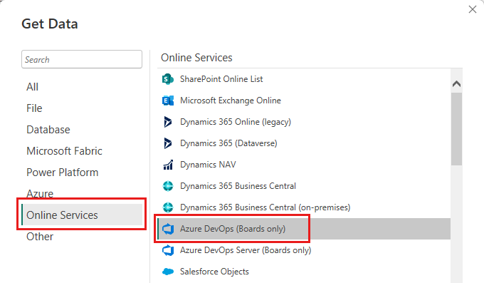 Screenshot shows the Get Data dialog box where you can select Azure DevOps.