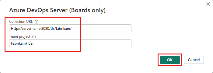 Screenshot that shows specifying the organization and project name, on-premises version.