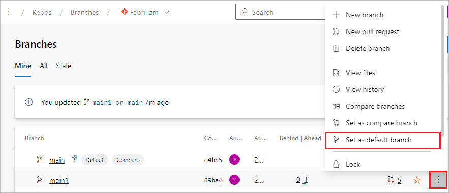 Screenshot that shows Set default branch.