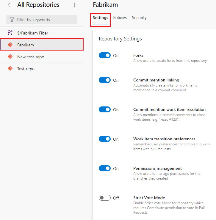 Screenshot that shows repository Settings for the Fabrikam repository.