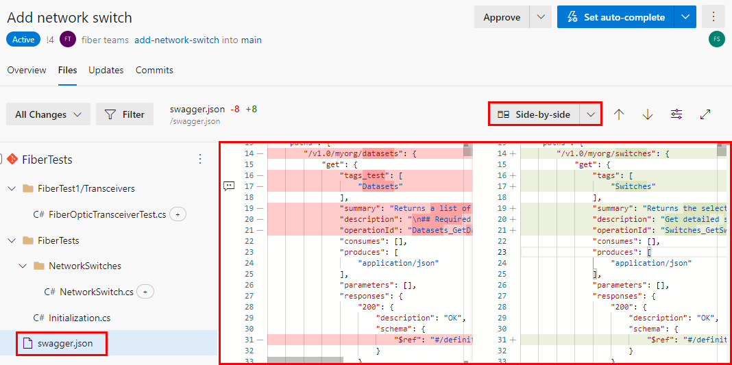 Screenshot of a side-by-side diff view in the Files tab of a P R.