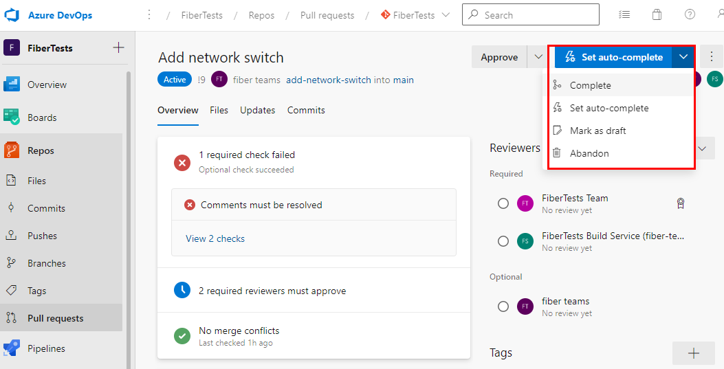 Screenshot of the P R resolution options in an Azure Repos P R.