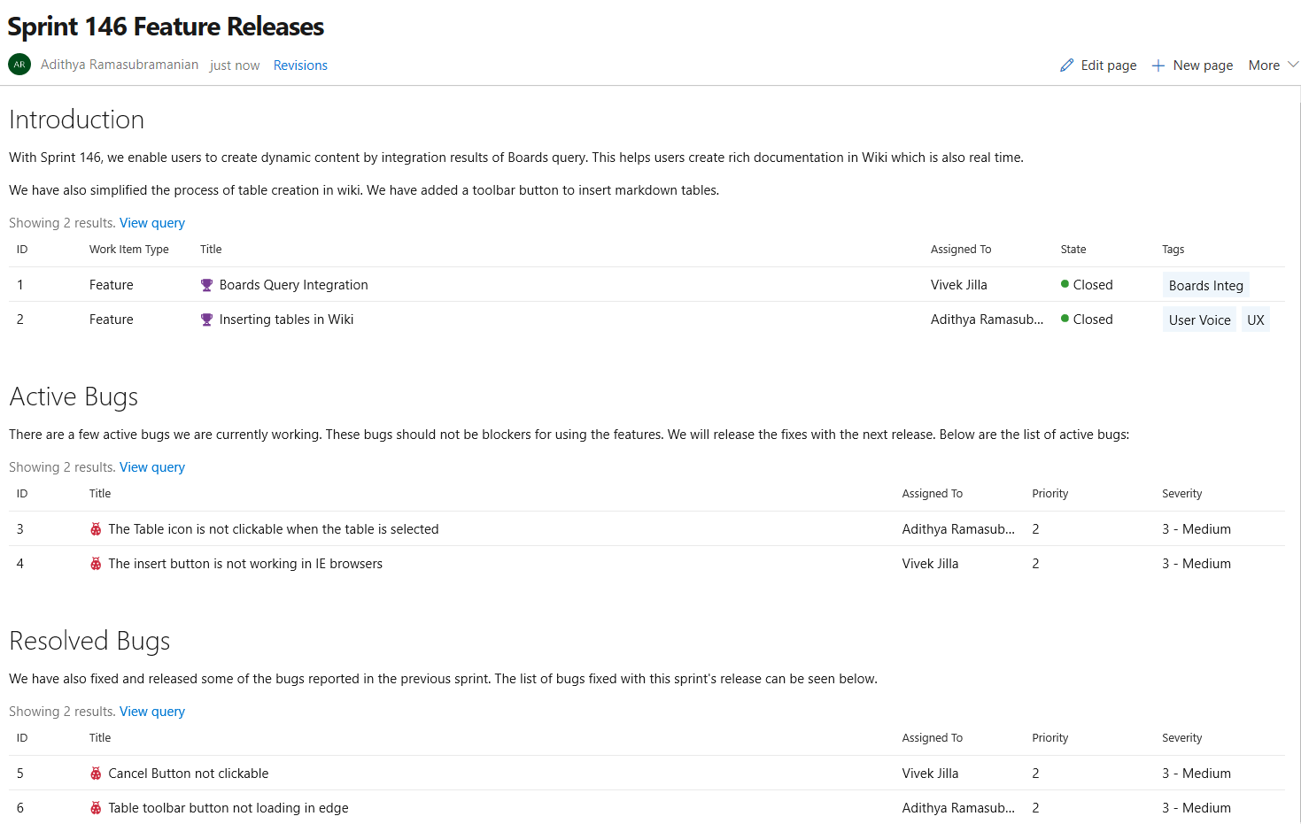 Screenshot of embedded Azure Boards query results displayed in the Wiki.