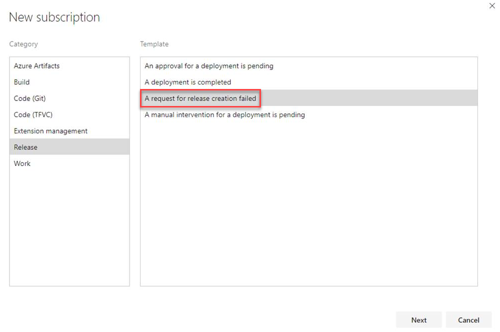 Screenshot showing the New subscription wizard with the Release category highlighted and the A request for release creation failed option called out.