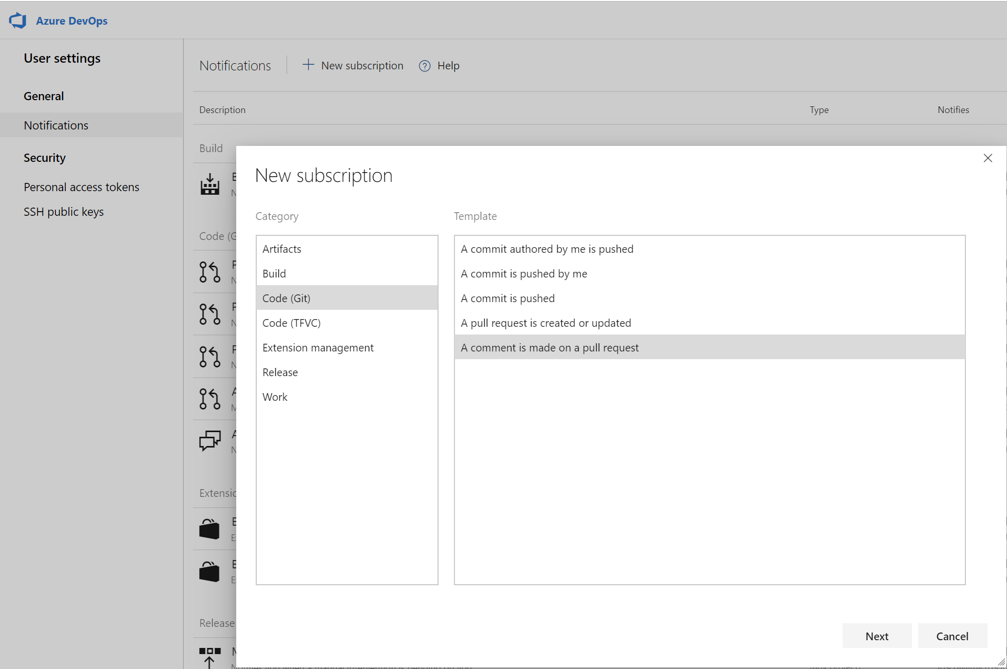 Screenshot showing how to filter comment notifications from pull requests.