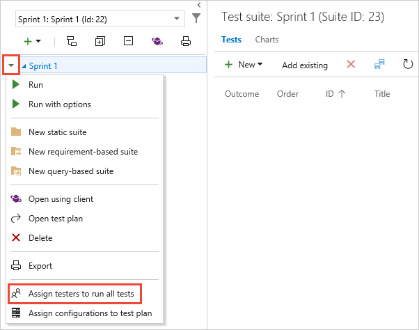 Screenshot showing assigning testers to run all tests.