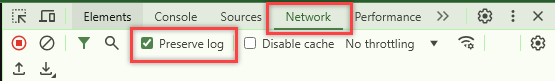 Screenshot shows check next to Preserve log in Network tab in Google Chrome.