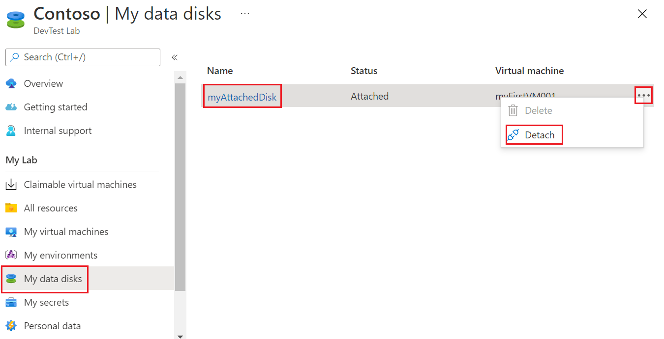 Screenshot of detaching a data disk from the listing's context menu.