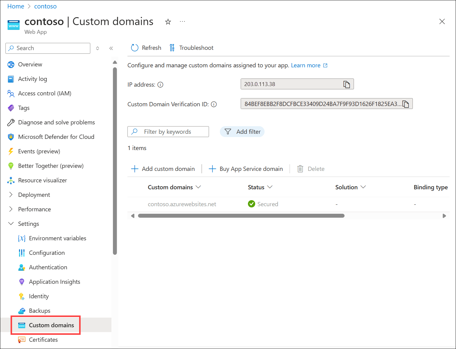 Screenshot of Azure App Service Custom domains page showing the web app IP address.