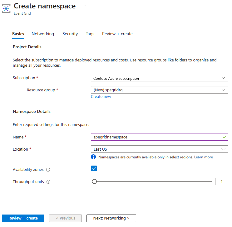 Screenshot showing the Basics tab of Create namespace page.