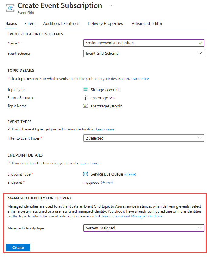 Screenshot that shows how to enable an identity when creating an event subscription for a Service Bus queue.