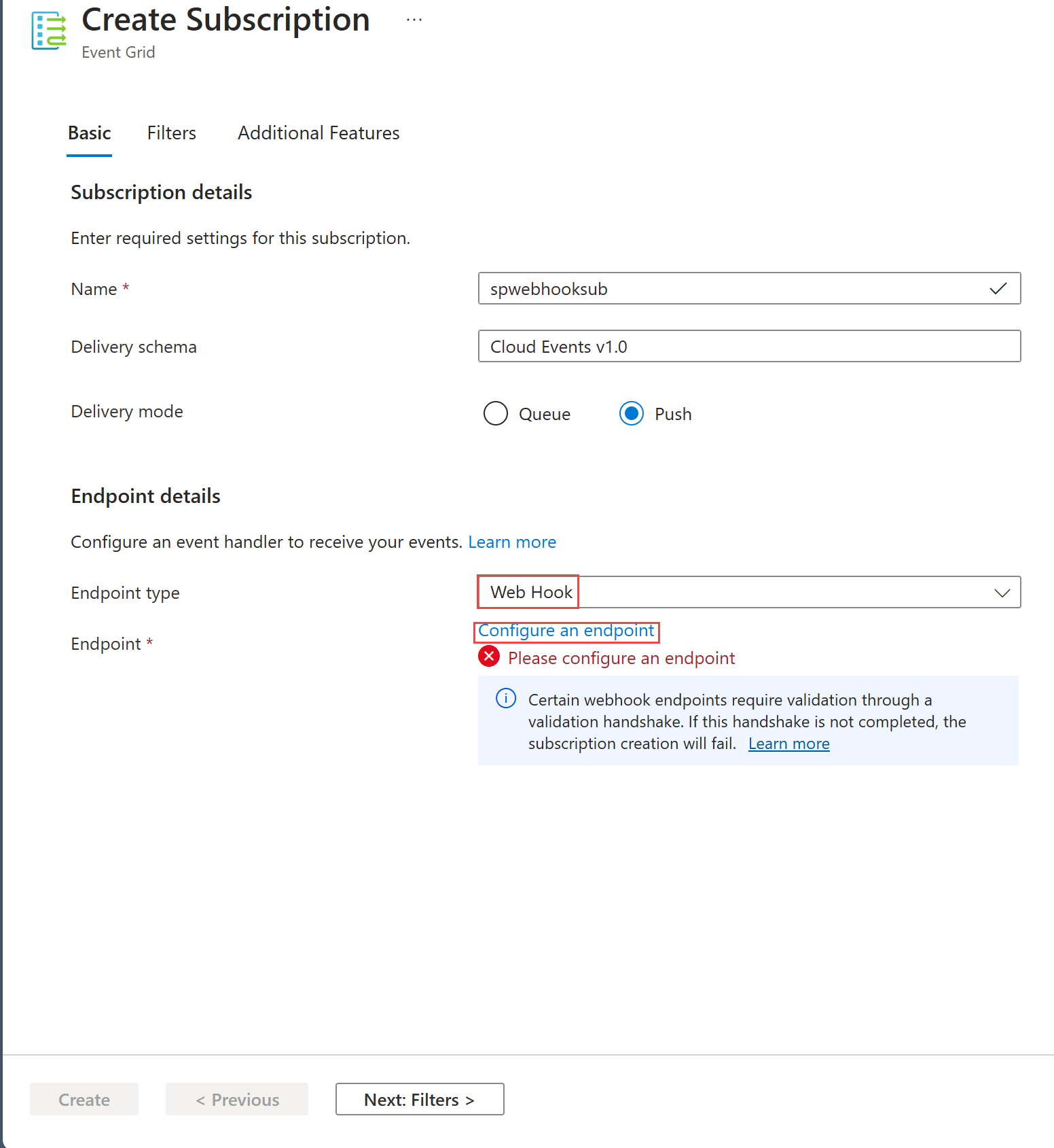 Screenshot that shows the Create Subscription page with Push selected for Delivery mode and WebHook as endpoint type.