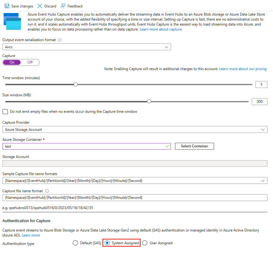 Image showing capturing of Event Hubs data into Azure Storage or Azure Data Lake Storage using System Assigned managed identity.