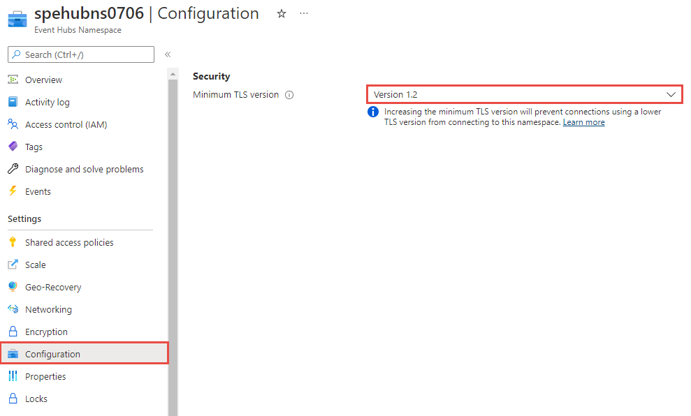 Screenshot showing the page to set the minimum TLS version for an existing namespace.