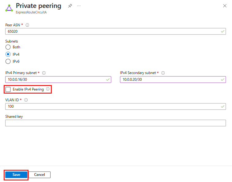 Screenshot of the private peering settings page for an ExpressRoute circuit.