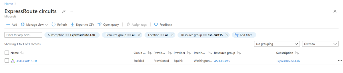 Screenshot of ExpressRoute circuit list.