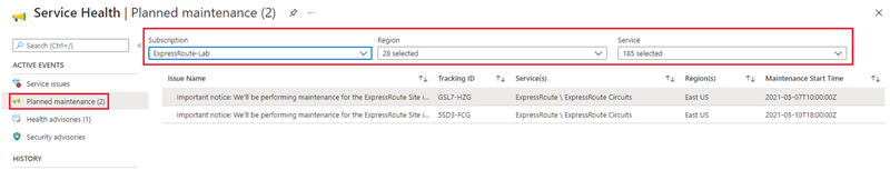 Screenshot of planned maintenance page in Service Health.