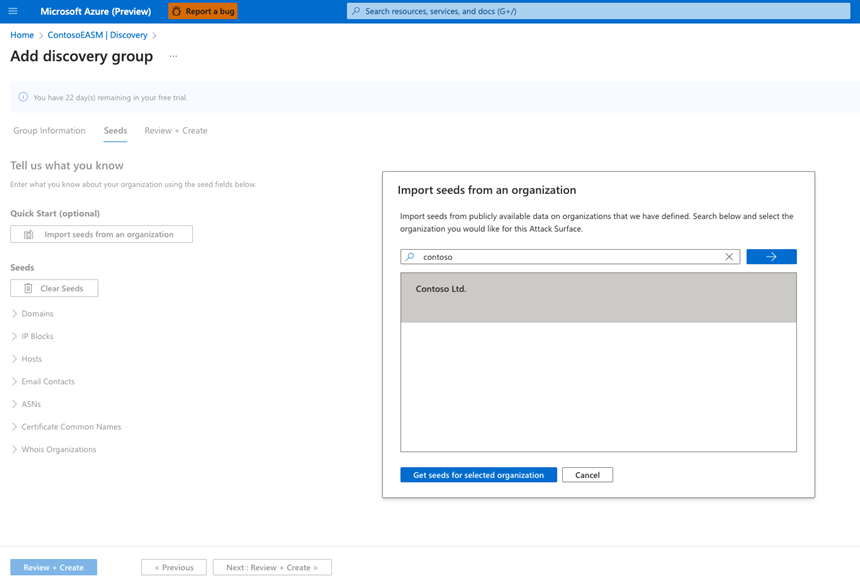 Screenshot of the Import seeds from an organization pane to set up automated discovery.