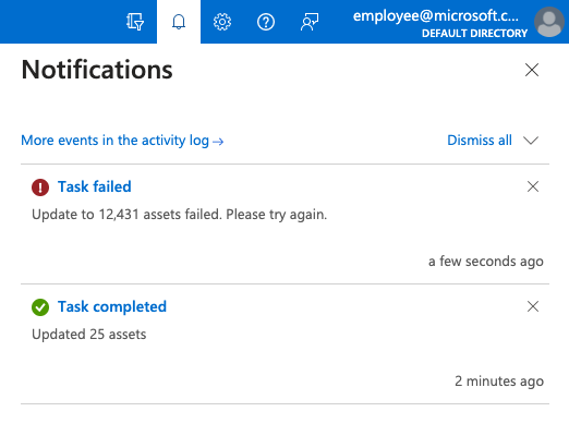 Screenshot that shows the Notifications pane that displays recent task status.